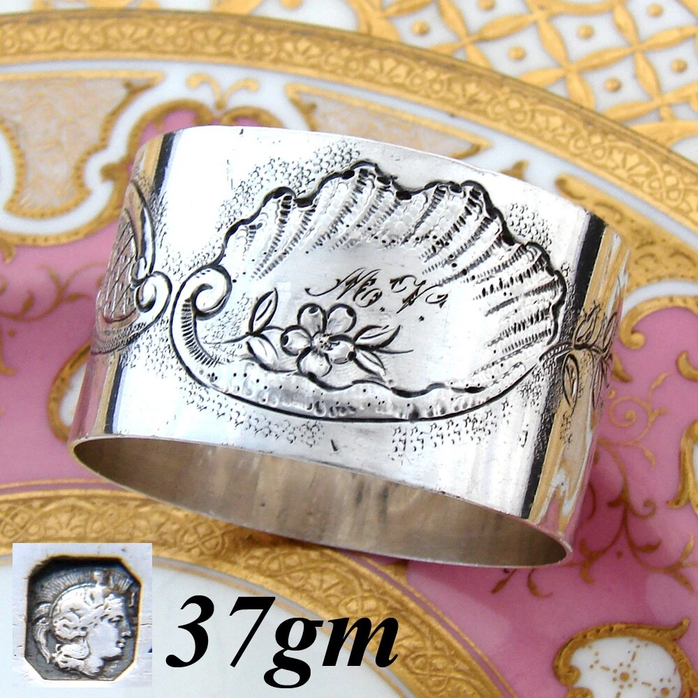 Antique French Sterling Silver 2 Napkin Ring Ornate Rococo Style MV Monogram