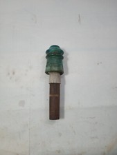 Vintage Green Glass Electrical Insulator No. 9 Made in USA With Wood Post G98