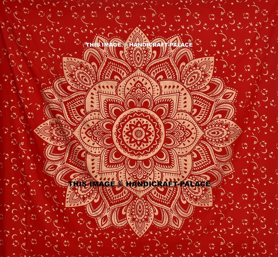 Juego de sábanas boho colcha de algodón queen ombre mandala tapiz rojo estampado  Foto 2 de 2