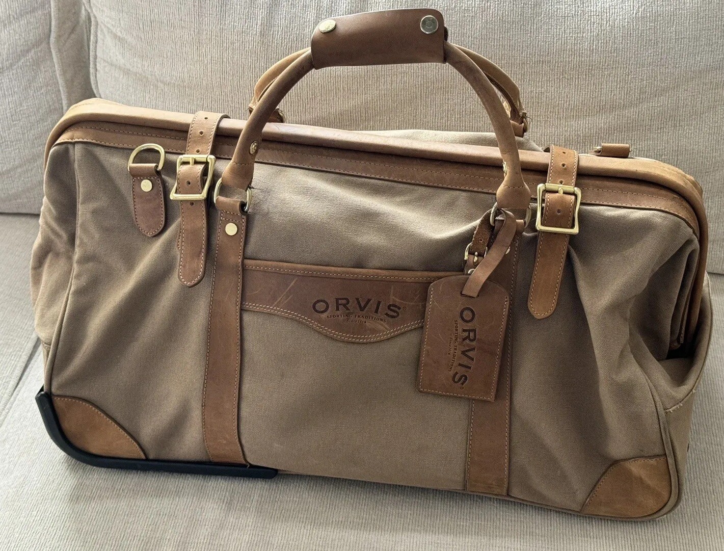 Vtg Orvis Duffle Bag Rolling Wheeled CanvasLeather Weekender Bag 24