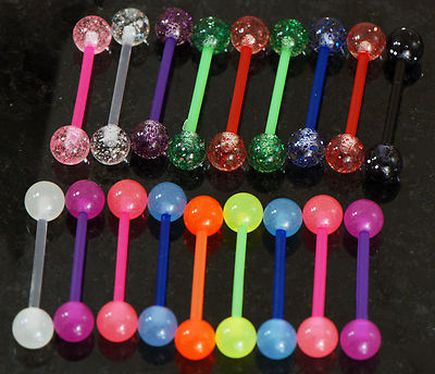 20Pc Mix Glow In The Dark + Glitter Bio-Flexible Tongue Barbells, Nipple Rings