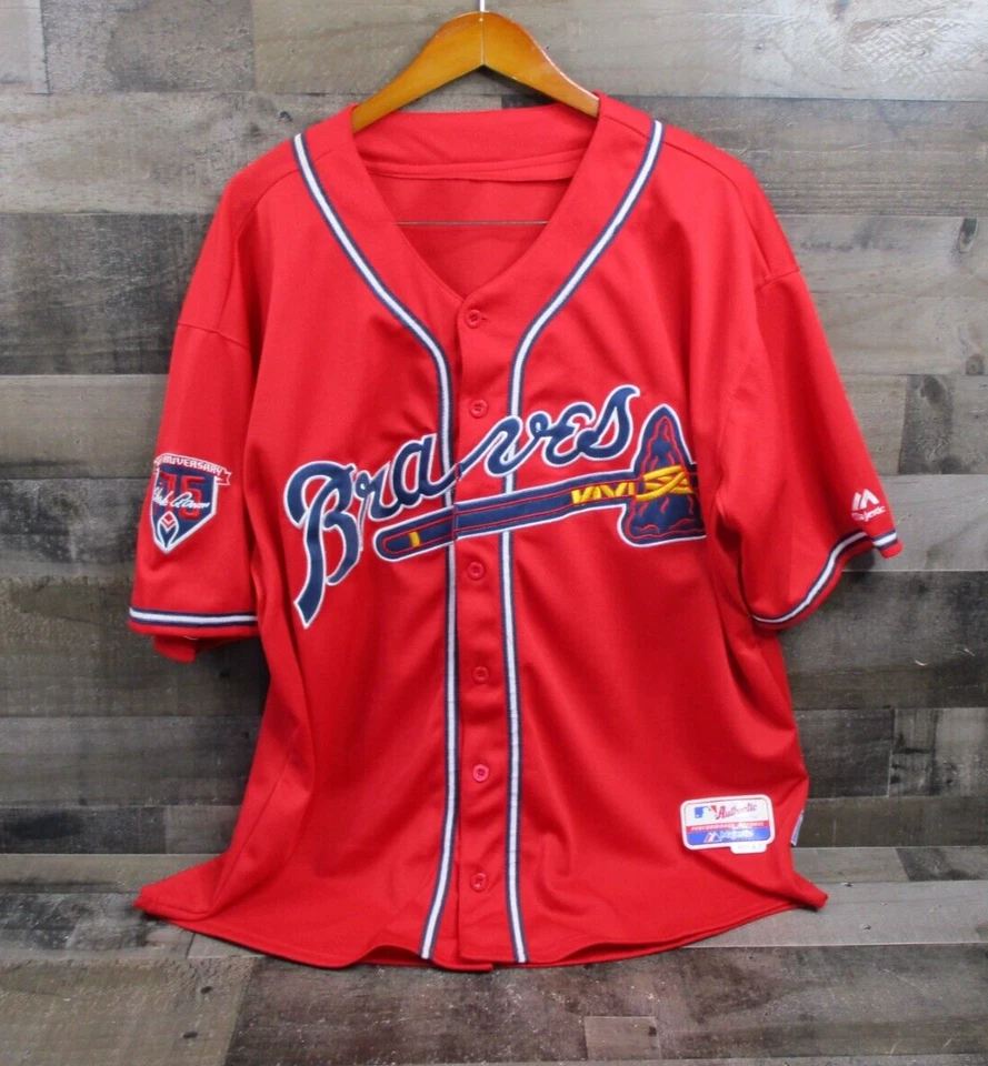 Camiseta deportiva de los Atlanta Braves para hombre 52 roja parche 715 de Hank Aaron majestuosa MLB cosida Foto 2 de 4