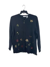 Croft & Barrow Black Ramie Wool Angora Blend Fall Leaves Full Zip Sweater XL NWT