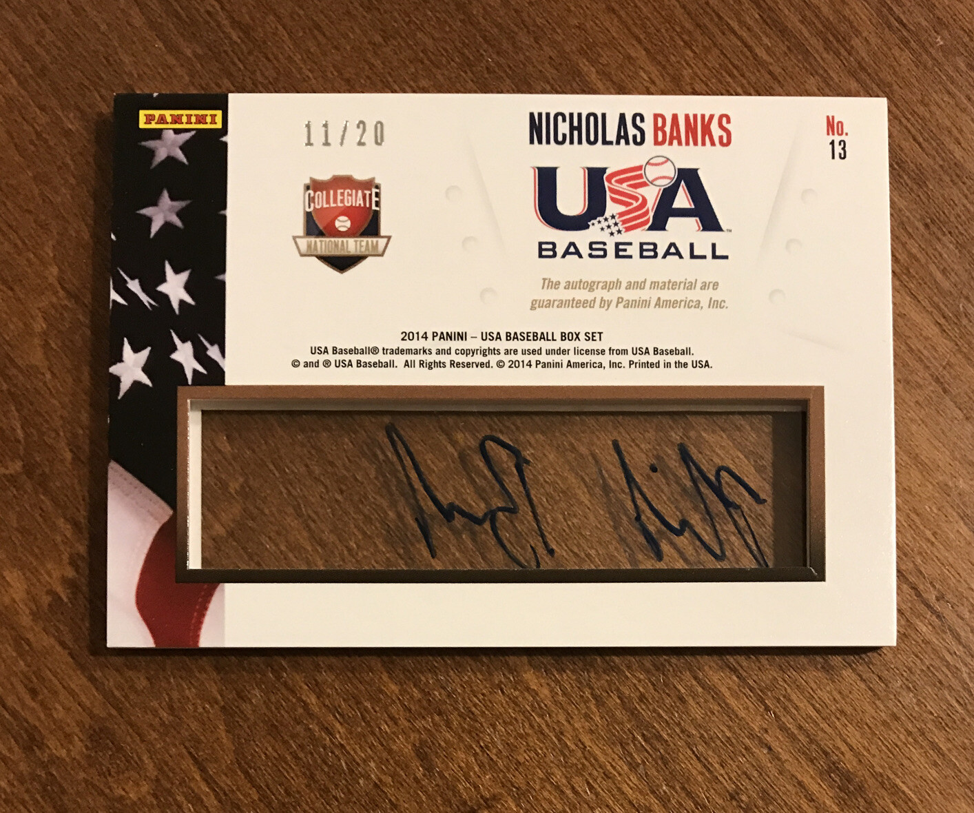 Nicholas Banks 2014 Panini USA Baseball Collegiate Patch Auto #13 Nationals /20 view 2