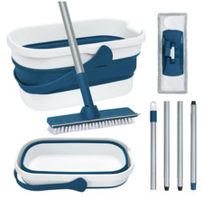 Collapsible Mop  Bucket Set with Brush, Microfiber Mop  Foldable Pail Blue 