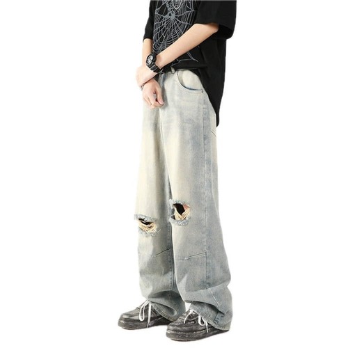 Men's Denim Pants Summer Jean Trousers with Broken Holes American Washed Straigh