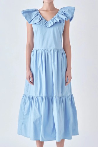 English Factory Midi Dress Womens S Blue V Neck Tiered Ruffle Quiet Luxury New - Picture 2 of 12