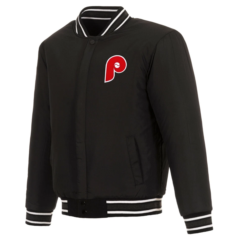 MLB Philadelphia Phillies Reversible Wool Jacket  2 Front Vintage Logos JH Black - Image 4 of 4
