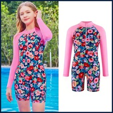 Cute Girls Long Sleeve One Piece Swimsuit, Floral Print, Summer Pool Beach