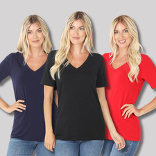 Women's V or Crew Neck Short Sleeve Top Soft Rayon Blend Relaxed Fit Tee T-Shirt