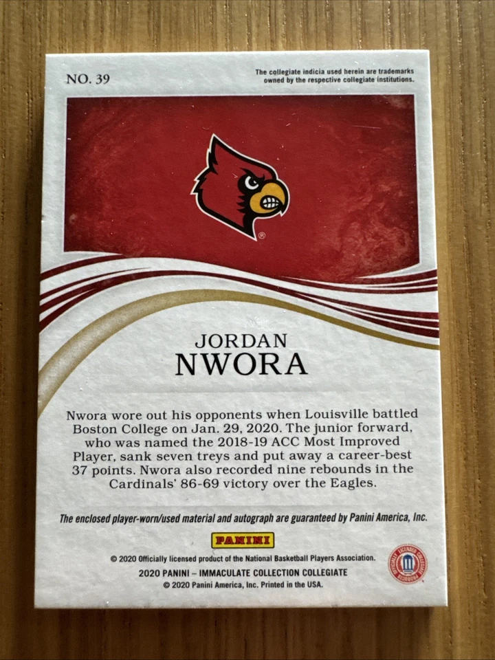 2020-21 Immaculate Jordan Nwora Auto On Card Jersey Player Worn Rookie RC 24/99 - Image 2 of 2