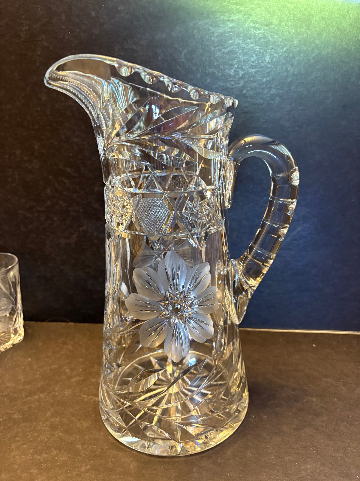 ABP, Cut Crystal, Etched Pitcher with SIX Matching Tumblers, FLORAL