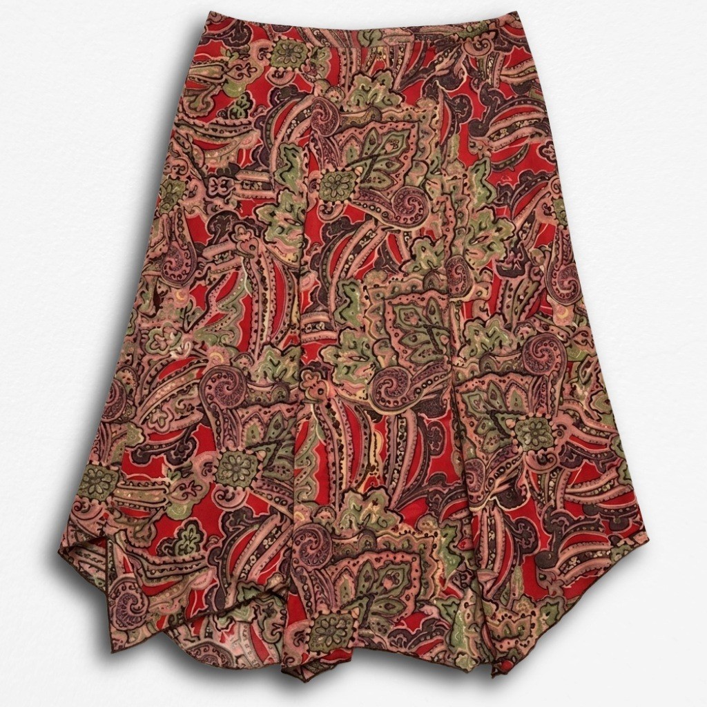 Vintage Red Paisley Handkerchief Hem Midi Skirt Plus Size 18W Boho Flowy Lined