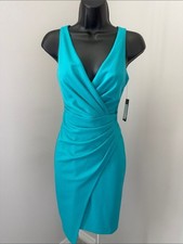 GUESS Origami Sheath Dress Size 2 Perri Blue Ruched Faux Wrap Cocktail NWT