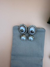 Vintage Gucci GG Logo Pearl Drop Earrings Crystal Halo Gold Tone