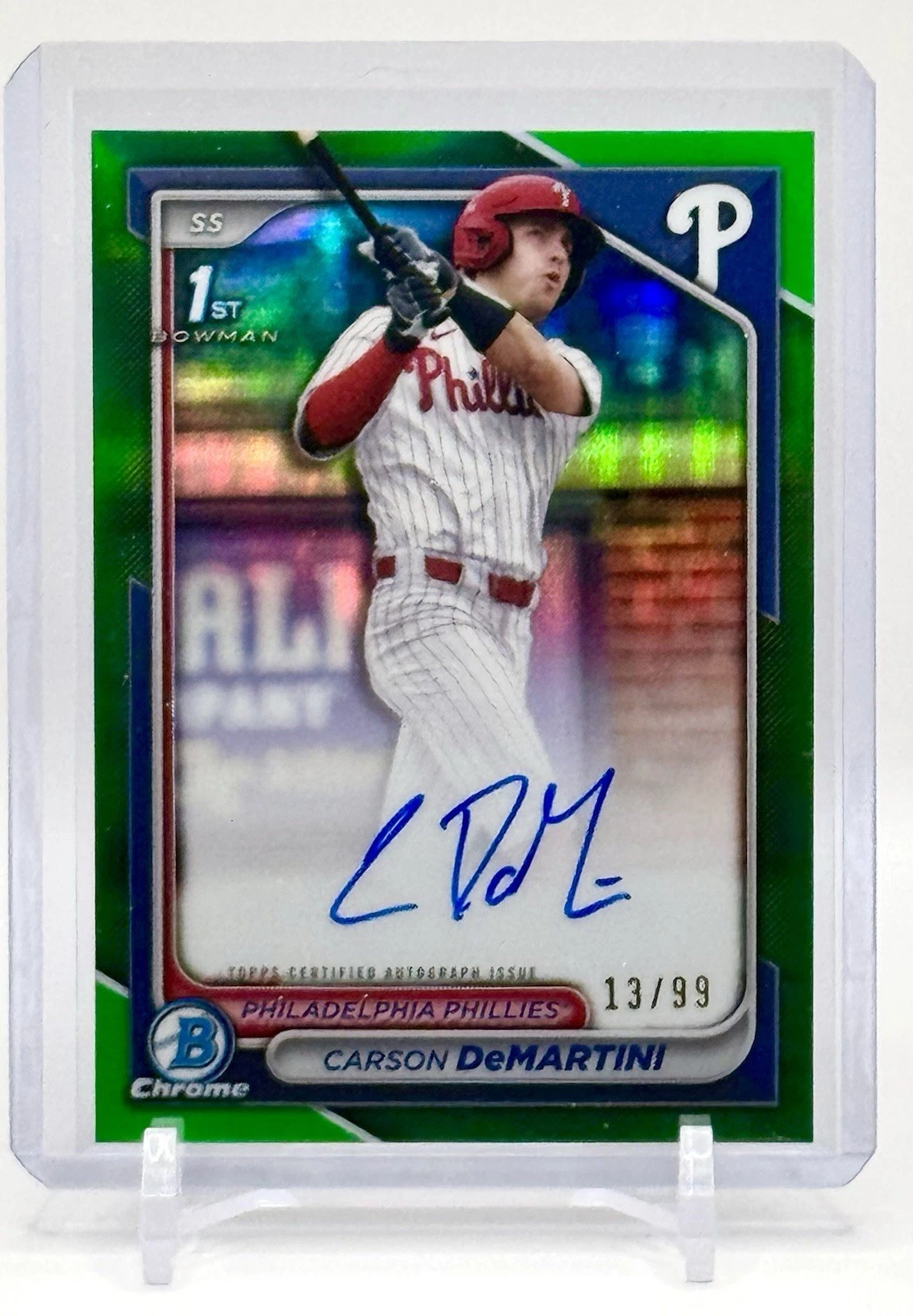2024 Bowman Draft Carson DeMartini Chrome Prospect 1st Auto Green 13/99 Phillies