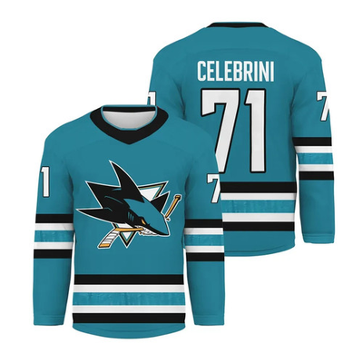 #ad Hockey Jersey Teal Black White Accents quot;Celebrini 71quot; Shark Logo $40.98