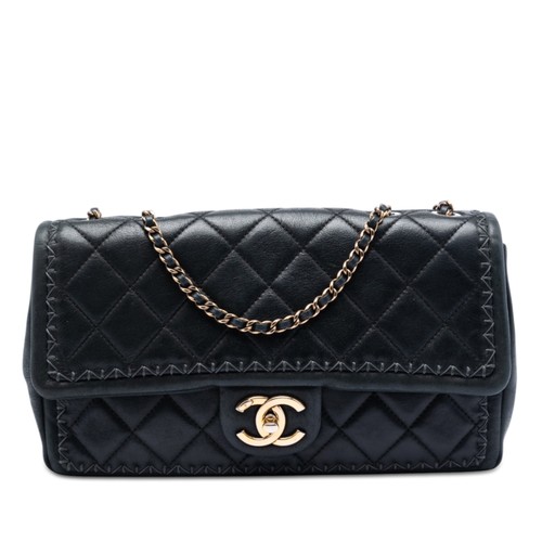 Chanel CC Quilted Iridescent Calfskin Whipstitch Single Flap Shoulder Bag Black
