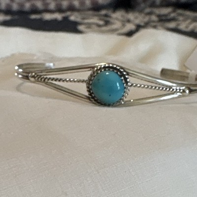 Native Esther White Navajo Handmade Sterling Silver Kingman Turquoise Cuff-6.5