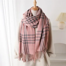 Pink Houndstooth Plaid Scarf Shawl Wrap Metallic Fringe Winter Warm