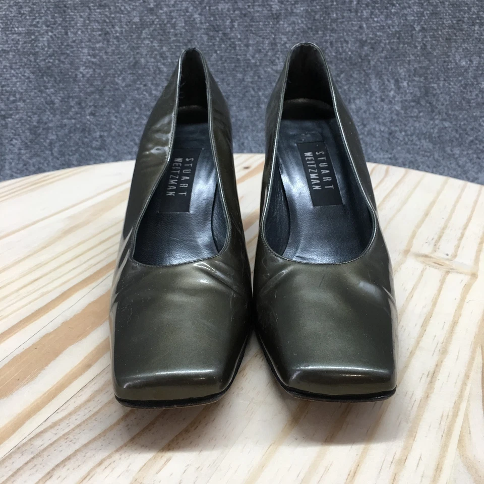 Stuart Weitzman Shoes Womens 7.5 B Pumps Olive Green Patent Leather Square Toe - Image 4 of 4