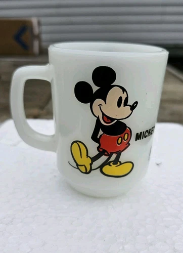 Vintage Fire King Collectible Mickey Mouse Mug Coffee Cup USA Milk Glass Disney