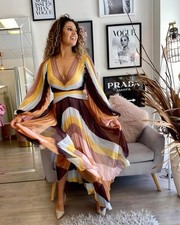 Acler Astone Dress 12 AU/ 8 US Neutral Pleat Rainbow Stripe Long Sheer Midi