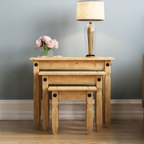 Corona Nest of 3 Tables Mexican Solid Waxed Pine Living Room Furniture Units - Picture 3 of 7