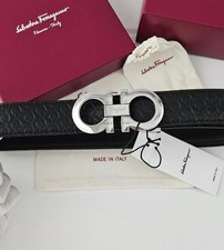 Ferragamo Men's Belt Black Leather Silver Buckle W/BOX