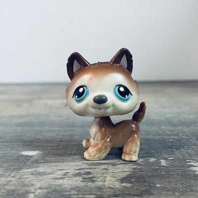Littlest Pet Shop LPS #68 Husky Winter Dog Brown White Blue Dot Eyes Authentic