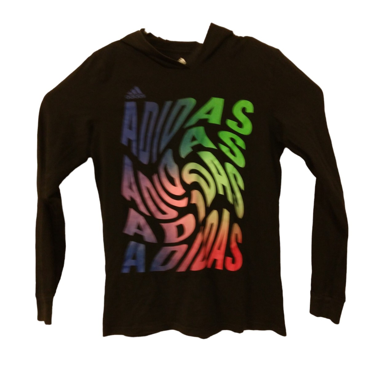 Adidas hooded tshirt kids L Large 14/16 black rainbow 70's logo graphic  long sl