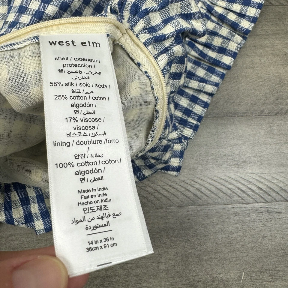 "Funda de almohada West Elm Heather Taylor Home azul a cuadros con volantes multi 14""x36"" nueva sin etiquetas" Foto 4 de 4