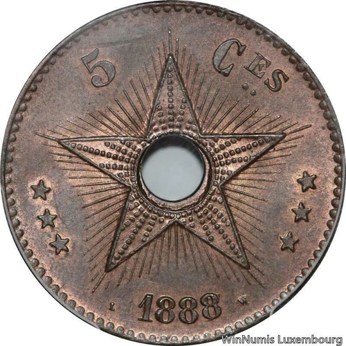 P5995 Rare Congo Belgian 5 Centimes Leopold II 1888 /7 NGC MS65 -> Make Offer