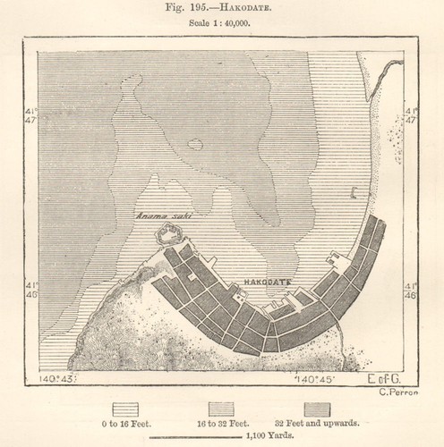 Hakodate, Hokkaido, Tsugaru Straits, town city plan. Japan 1885 old map