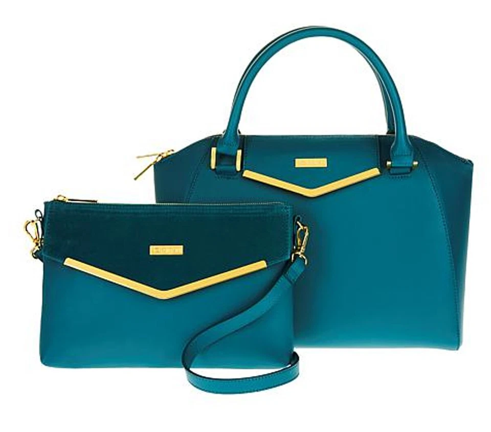 JOY & IMAN Cartera y Bolso de Mano de Cuero de Alta Costura con Detalle de Terciopelo Conjunto JADE