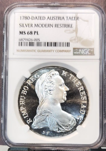 1780 AUSTRIA SILVER 1 TALER MARIA THERESA RESTRIKE NGC MS 68 PL RARE BEAUTY