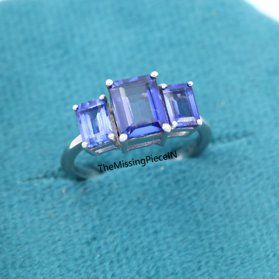 Simulated Tanzanite Emerald Cut 3 Stone Ring Promise Ring Women's Ring & Jewelry