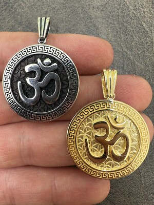 Echt 925 Silber/14k vergoldet Ohn Hindu Om groß 1'' Medaillon Anhänger Halskette