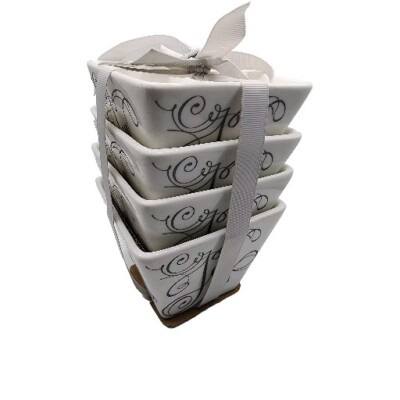 Ciroa Simple Serve Porcelain Set Of 4 Mini Square Bowl JOY Holiday Snack Hostess
