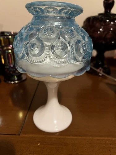 Vintage Blue Opalescent Moon and Stars Glass 2 Piece Fairy Lamp Milk Glass Base