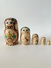 Vintage Russian Stacking Nesting Dolls Handmade Wood Glitter Set 5