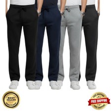 Mens Fleece Jogging Bottoms ZIP Pockets Pants Plain Open Hem Joggers Trouser
