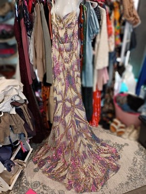 Sequin Geometric Strapless Sleeveless Long Gown Dress Beige Purple Gold Size S