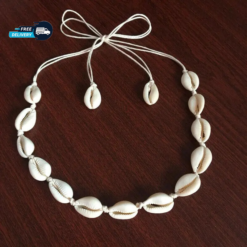 Cowrie Shell Choker Boho White String Necklace Surfer Beach Conch Puka, Hawaiian