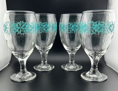 Vintage 4 LIBBEY Footed Drinking Glasses Water Goblets Clear Teal pattern 7''