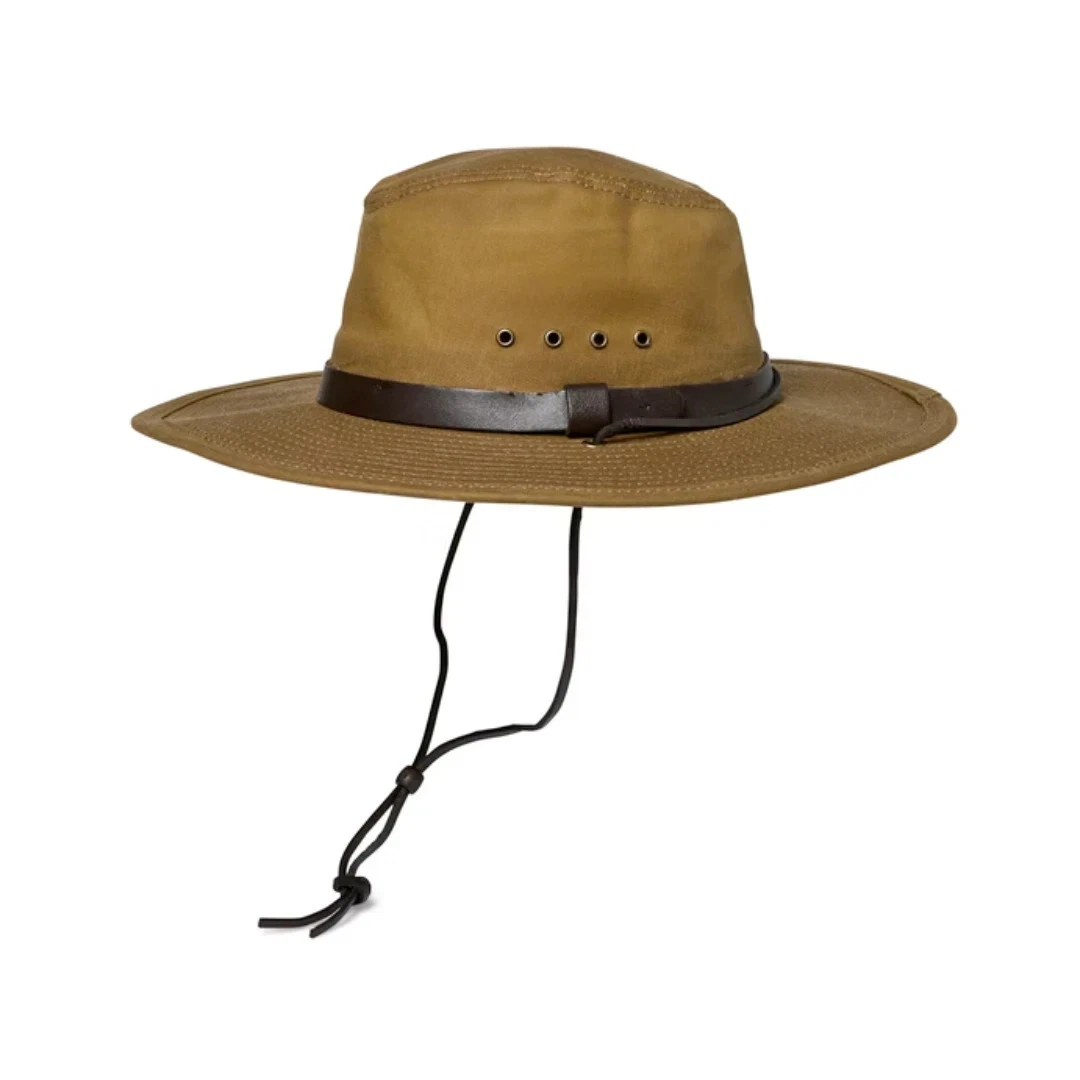 Filson Tin Bush Hat Dark Tan Waxed Cotton Leather Strap USA Made Small New