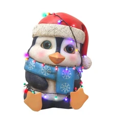 Garden Elements Fiberglass Figurine Yard Decor, Penguin Christmas Lights, 24"