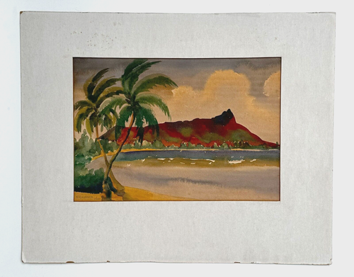 1938 Hawaii Watercolor Waikiki Shoreline w Diamond Head by Sunao Hironaka (KoR) - Picture 3 of 6