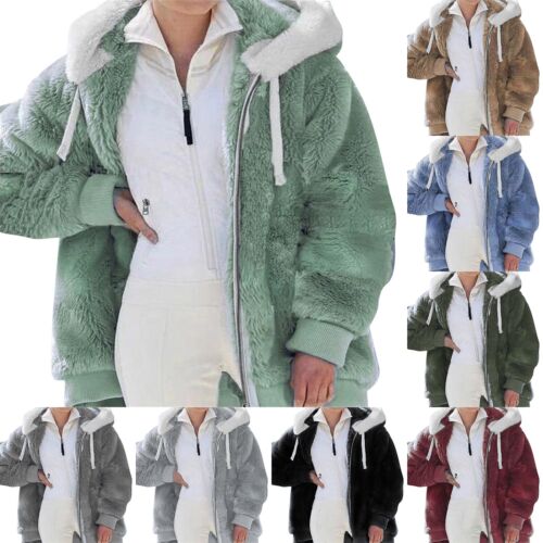 Womens Zipper Up Fleece Fluffy Hooded Coat Ladies Solid Hoodies Jacket Outwear