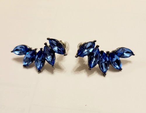 Blue Crystal Leaf Style Climber Studs Fashion Earrings Asos Statement Jewellery - Picture 6 of 6